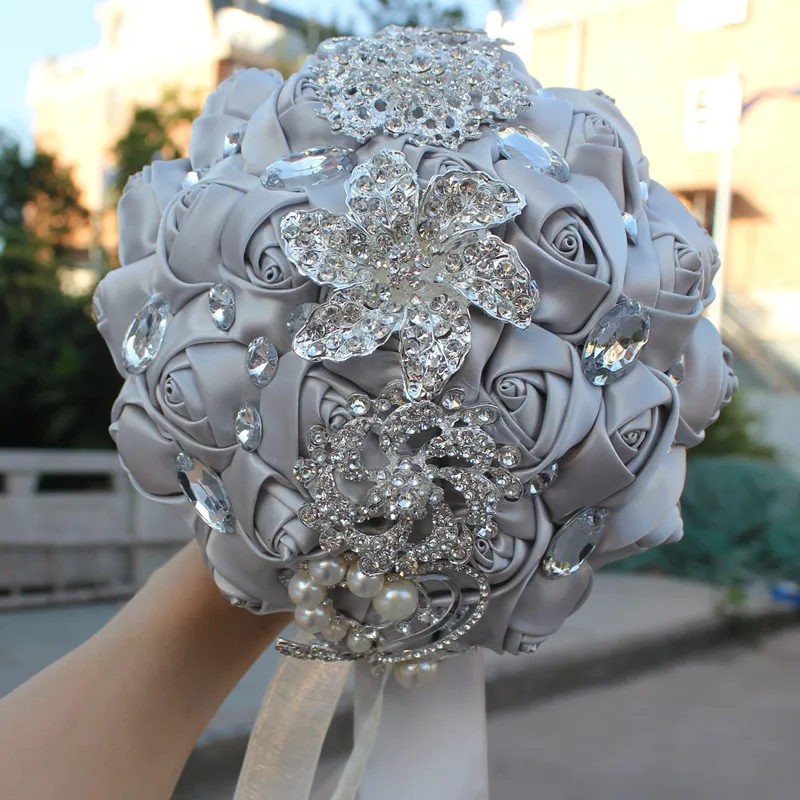 Silver Wedding Bridal Bouquets Simulation Flower Wedding Supplies Artificial Flower Crystal Sweet 15 Quinceanera Bouquets W228-T2533