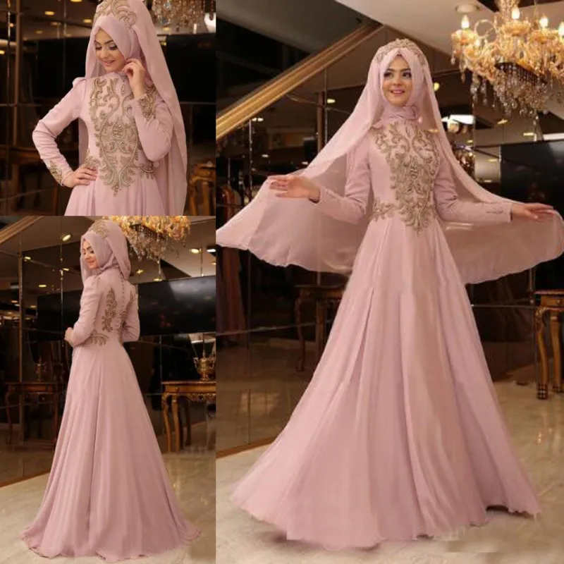 2017 Islam Muçulmano Pescoço Alto Vestidos de Casamento Mangas Compridas Blush Rosa Vestidos De Noiva Com Applique Em Camadas Com a Cabeça Véu Custom Made Weddng Vestido