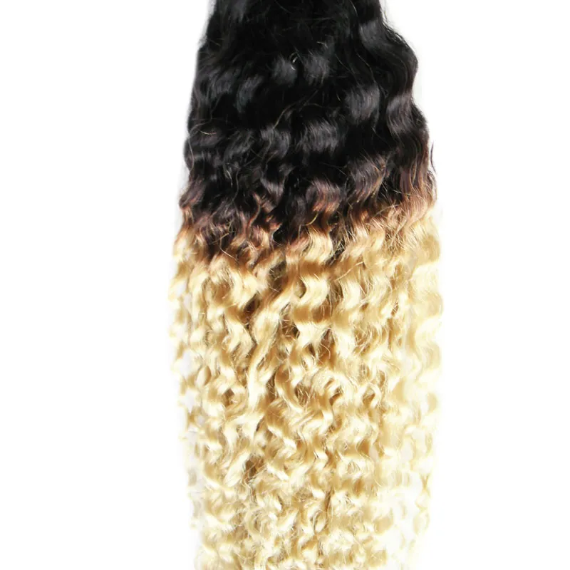 Ombre Weave Hair Blonde T1B / 613 Kinky bouclés cheveux humains bouclés 100g mongol kinky bouclés cheveux armure 