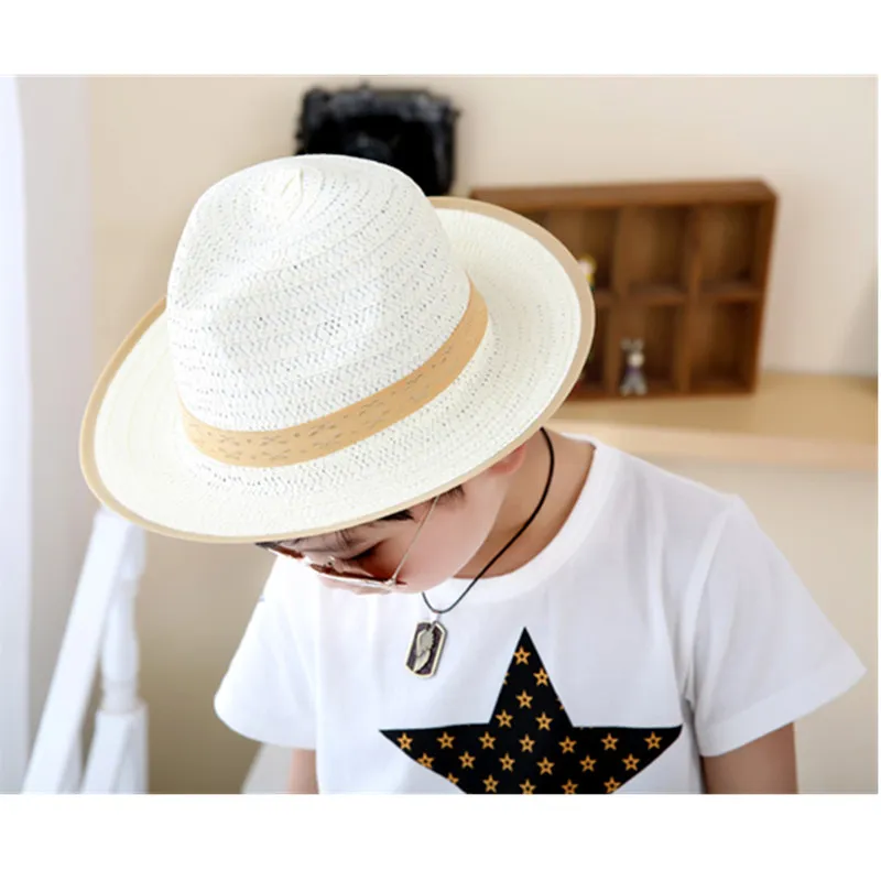 Nieuwe mode kinderen fedora stro sunhat met ribbow trim kinderen jazz hat zomer strand Panama hoeden Soild trilby cap voor jongen en meisje