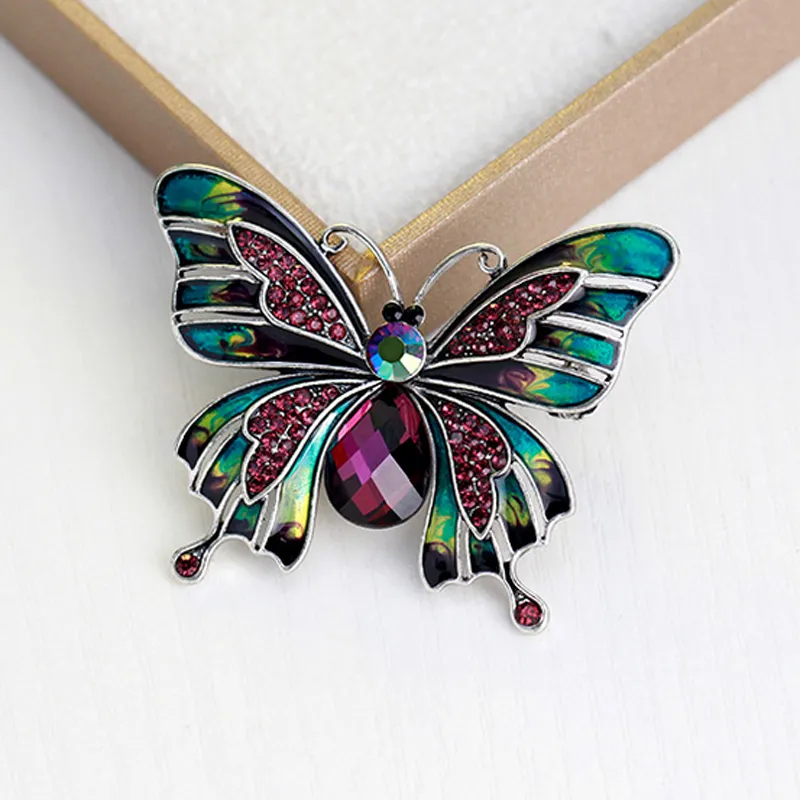 Elegant Epoxy Enamel Butterfly Brooches Vintage Alloy Amethyst Crystal Rhinestone Animal Brooch Pins Dresses Corsage Brooches Party Jewelry