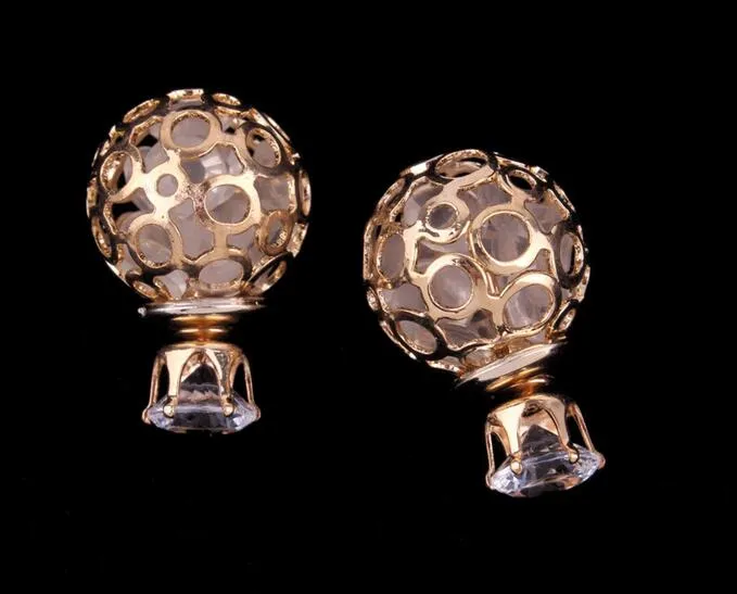 2017 ventes chaudes Boucles d'oreilles double perle 8mm CZ Zircon Studs Boucles d'oreilles boule de cristal 16mm Hallow Ball Crystal Ball Boucles d'oreilles perle double face