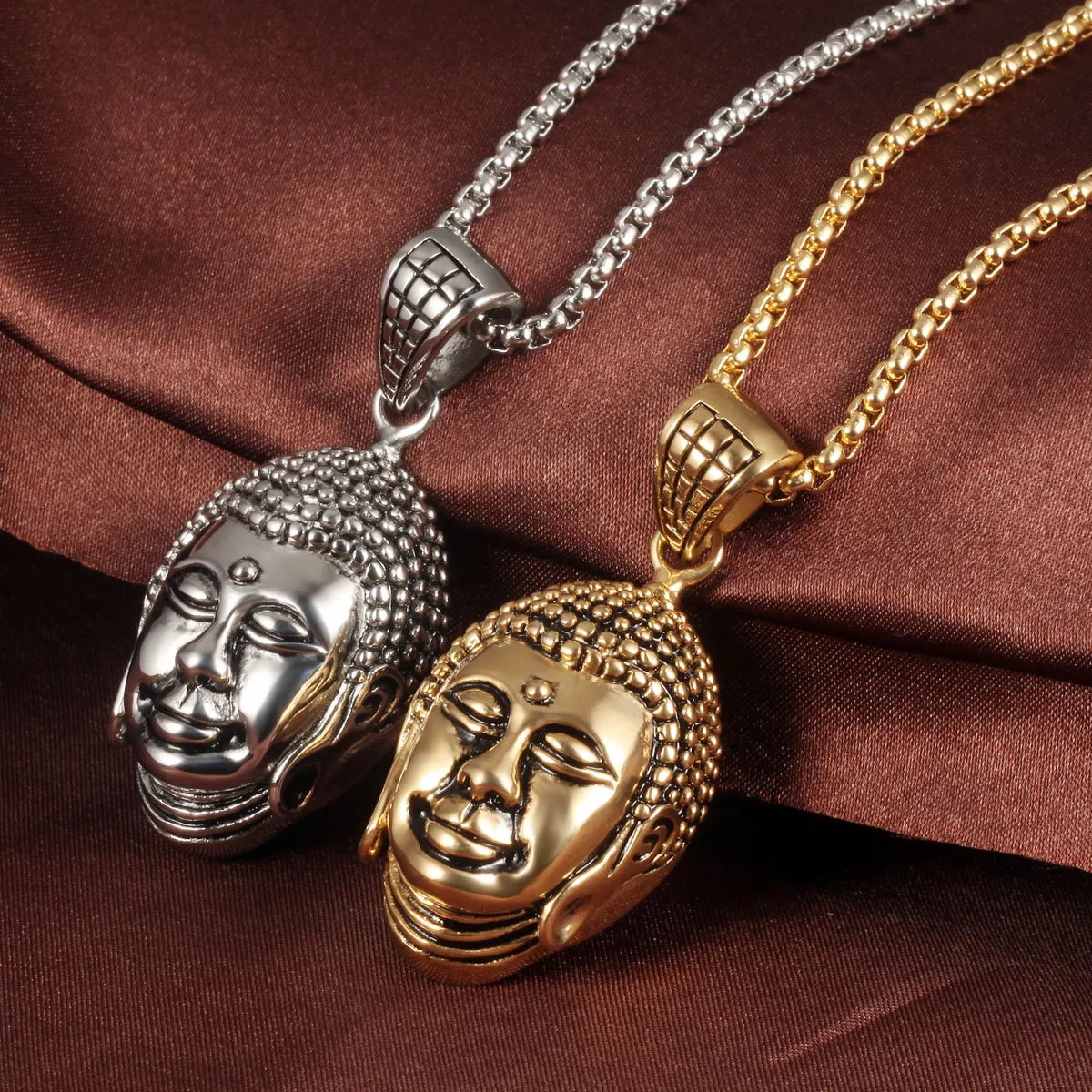 Gold / Silver Buddha Necklace Pendant stainless steel Jewelry For Men Gifts with free chain 22'' * 3MM Rolo Chain