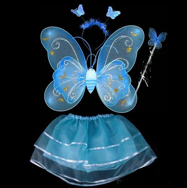 Children Halloween Costume Set Double Layer Angle Butterfly Fairy Wings Magic Wand Headband Birthday Party Gift G457