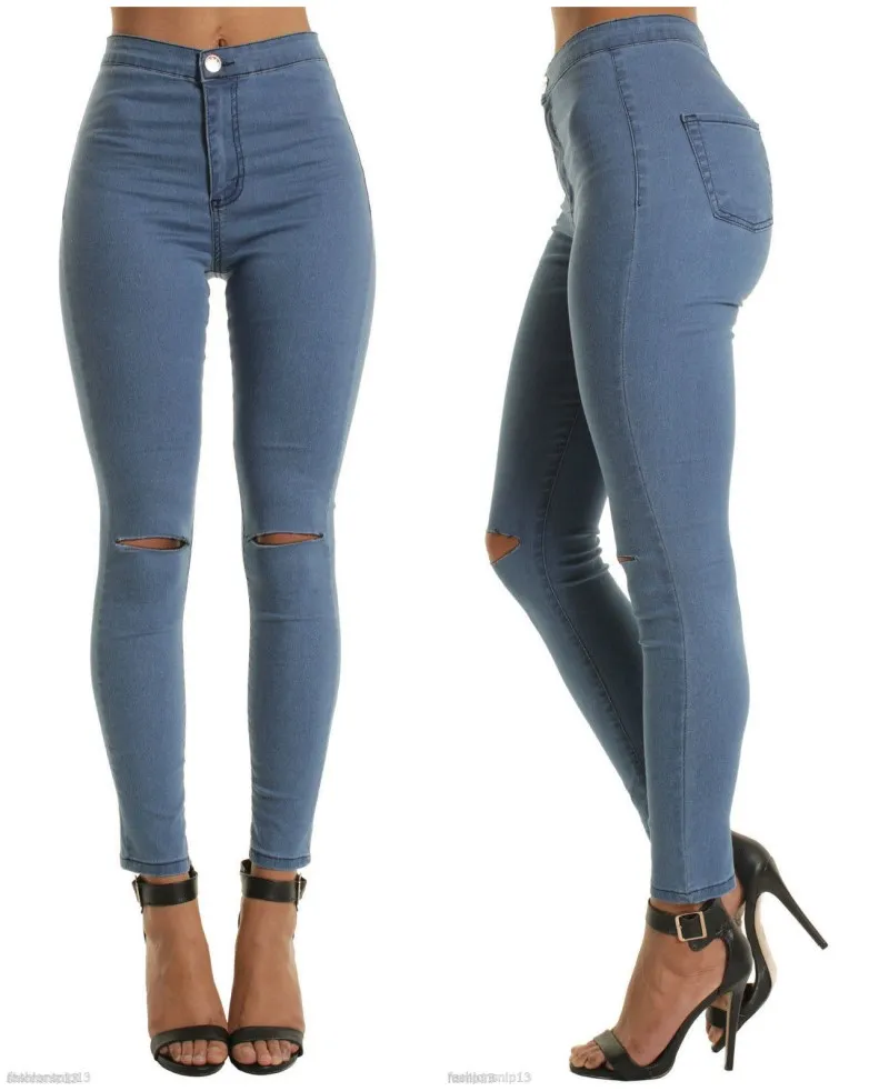 Zomer stijl zak en gat gescheurd jeans vrouwen jeggings cool denim hoge taille broek Caprip vrouwelijke magere zwarte casual met 3 kleuren