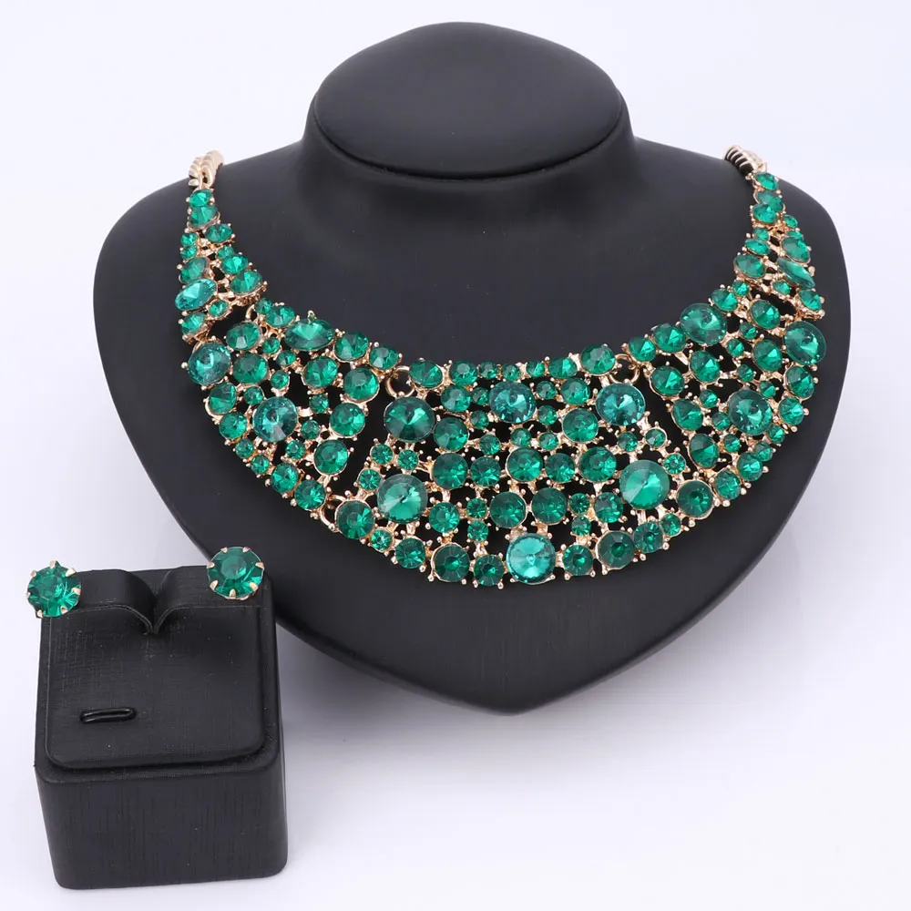 Fashion Crystal Bridal Statement Jewelry Sets Gold Plated Women Gift Party Wedding Prom Necklace Earring Party Dress Accessories