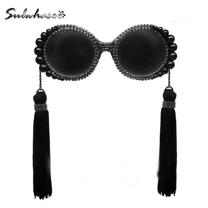 Partihandel-2016 Fashion Retro Tassel Baroque Pearl Solglasögon Kvinnors Personliga Strand Rhinestone Vintage Circle Big Sun Glasses Kvinna