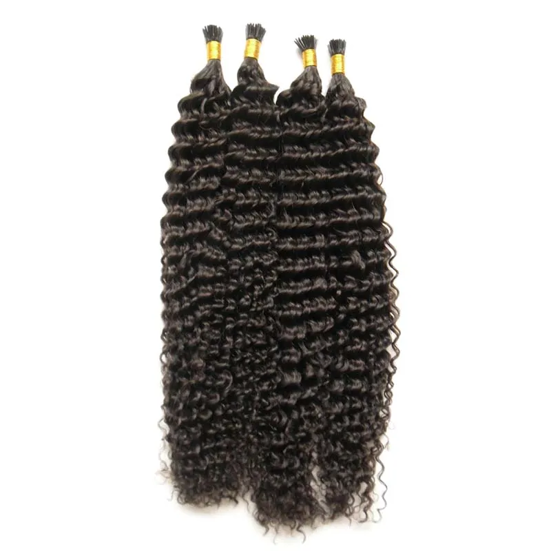 keratin stick tip human hair extensions I Tip hair extensions Natural Color unprocessed brazilian kinky curly hair 200g 1g/strand 200s