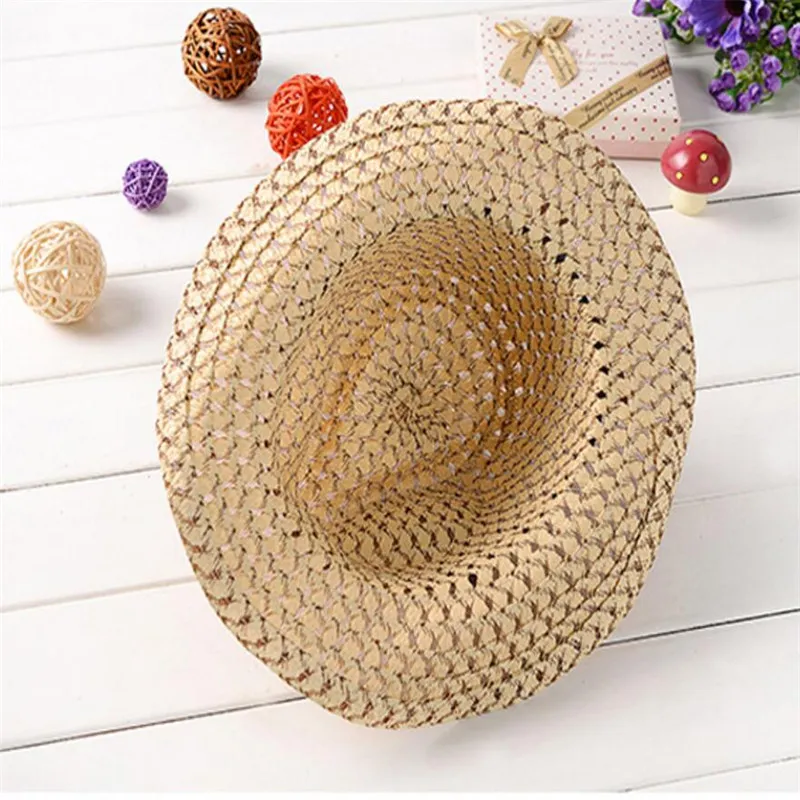 Kids Cowboy Beaded Straw Sun Hat Beach Visor Cap Outdoor For Summer 286S