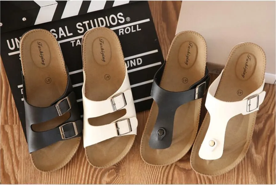 Partihandel-het försäljning! Herrkork sandaler sommarsandaler tofflor kvinnors avslappnade sandaler äkta flip flops vit svart USA storlek 5.5-9.5