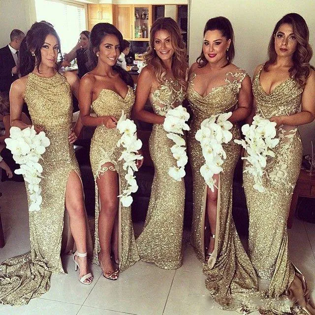 Blingbling Gold Sequins Mermaid Bridesmaid Dresses Mixed StylesExy Maid of Honor Gowns Sheer Back Side Split Prom Dresses Party Evening Wear