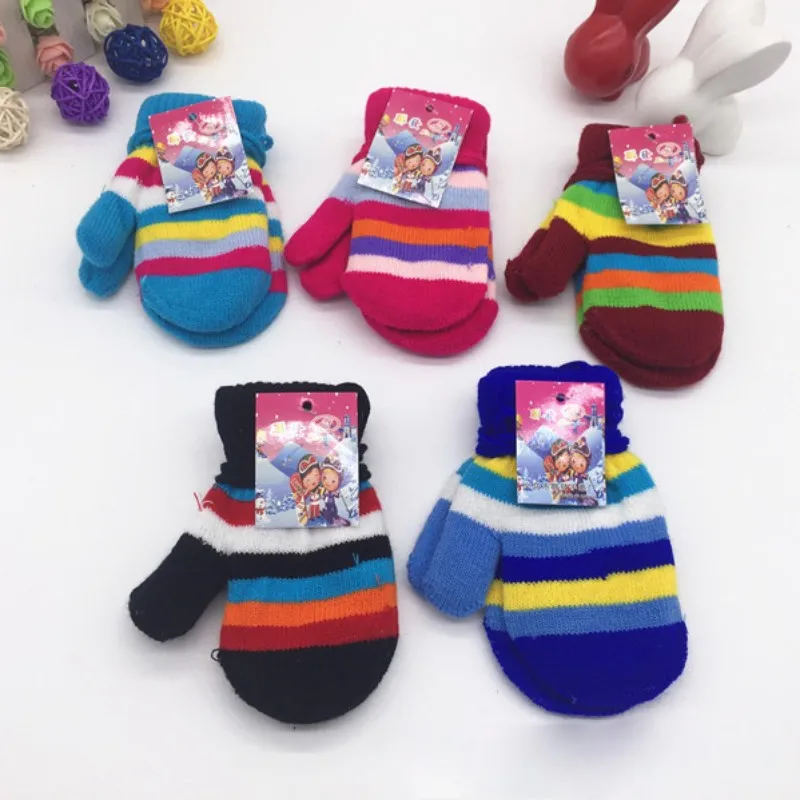 Colorful Stripe Mittens Kids Size Knitted Gloves Winter Warm Glove For Boys And Girls With Hanging Rope Wholesale Price