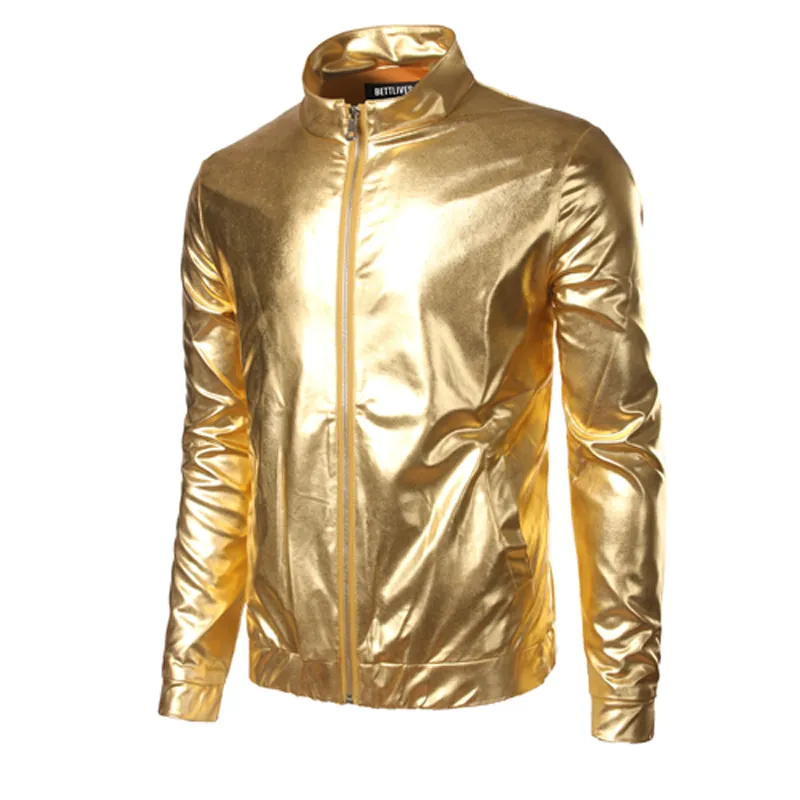 Wholesale- Nightclub Trend Metallic Gold Shiny Jacket Men Veste Homme Fashion  Front-Zip Lightweight Baseball Bomber Jacket B2326