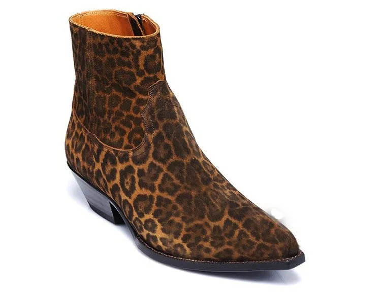 Leopard Mens Biker Boots Western Wyatt Shoes Plus Size 46 Men's Genuine leather Fashion Chelse Boots for men