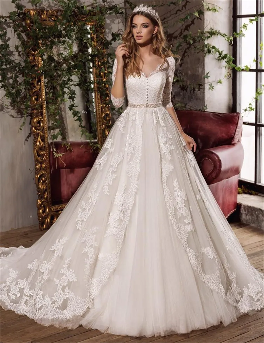 Lace 3/4 Sleeve Long Sleeves Buttons Front Wedding Dresses with Beading Sash Ball Gown Floor Length Applique Lace Bridal Gowns