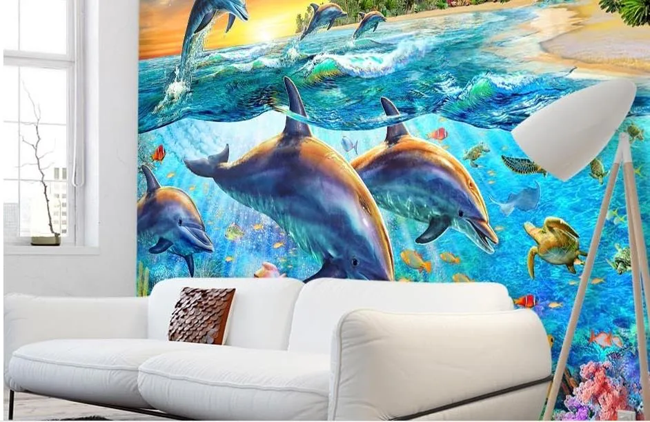 Väggbakgrund Wallpaper Diamond Custom Blue Ocean Swim Dolphin Coral Fish TV Bakgrund 3D Wallpaper Walls3903118