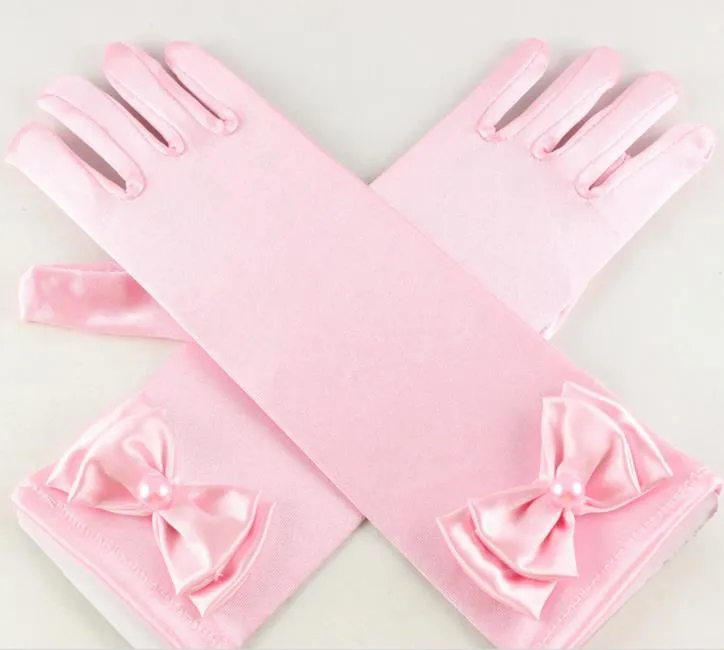 Wedding Elastic Girl Satin Long Gloves Kid Children Fancy Dress Bow Pearl Gloves Costume Cos Princess Mitten 3y-8y Party Favor Colorful