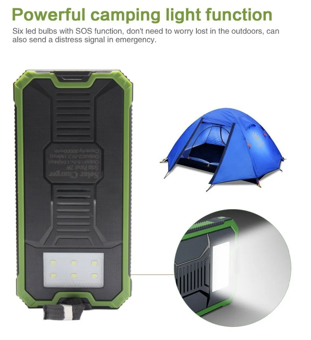 New outdoor Solar power bank 20000 mah mobile powerbank universal portable charger LED light battery