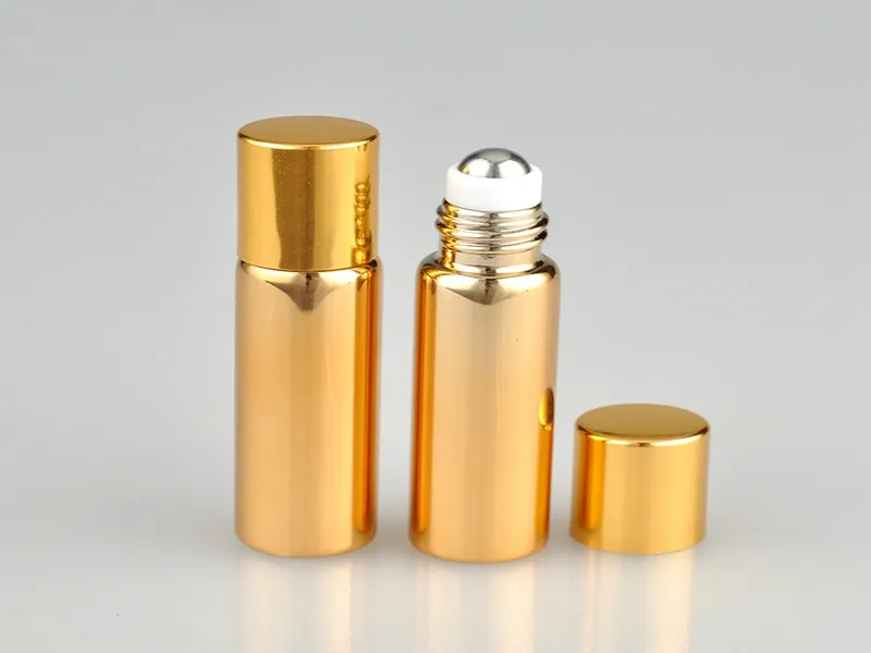 100 pçs / lote 5 ML Garrafa de Perfume Recarregáveis ​​de Vidro Vazio UV Com Bola De Metal rolo em frascos de perfume Essencial Garrafas de prata cor de ouro