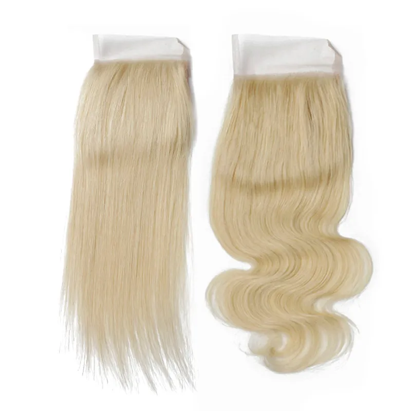 Großhandel /Los kostenloser Teil gerade brasilianischer Spitzenverschluss Haar #613 Blonde 130% 4*4 Zoll Body Wave Spitzen-Spitzen-Verschluss gebleicht 10 