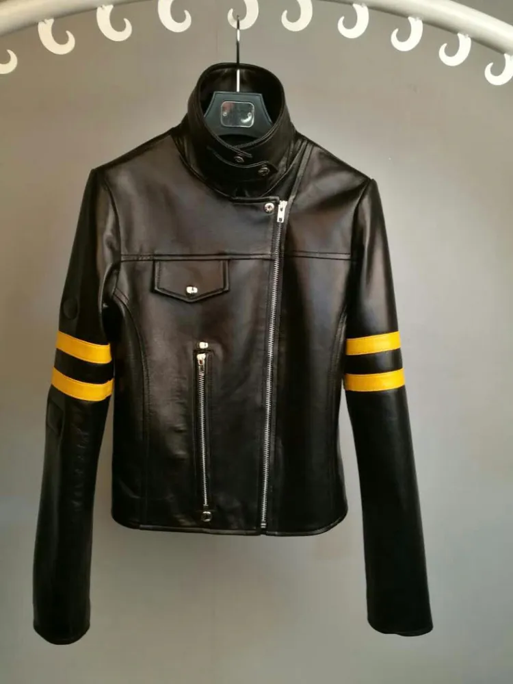 Women's 2017 new genuine sheepskin leather turn down collar color block long sleeve motorbycycle short coat jacket casacos plus size XXL