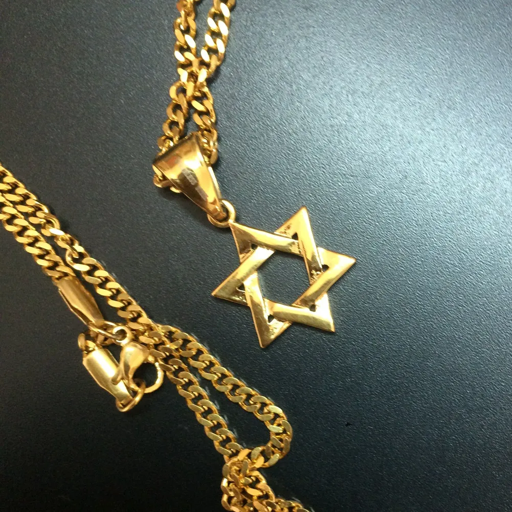 Hommes en acier inoxydable étoile d'or de David collier hip hop style punk classique hexagramme à six branches pendentif collier chaîne bijoux284d