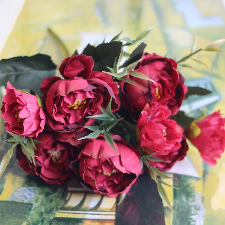 Mini fleur de pivoine artificielle en soie, 1 Bouquet, 5 têtes, fausse feuille, décor de jardin, de fête à domicile, de mariage, bleu ivoire rose pink5650467