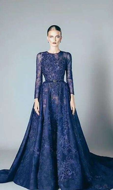 Navy Blue Elie Saab Evening Dresses Lace Formal Prom Dresses Gowns With A Line Lace Applique Beads Crew Neck Long Sleeves Cheap 208571627