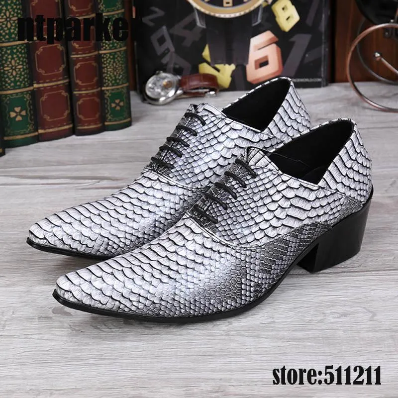 Scarpe da uomo con tacco 6 cm, modello serpente bianco grigio, scarpe eleganti in pelle geunine, scarpe da lavoro oxford a punta per uomo!