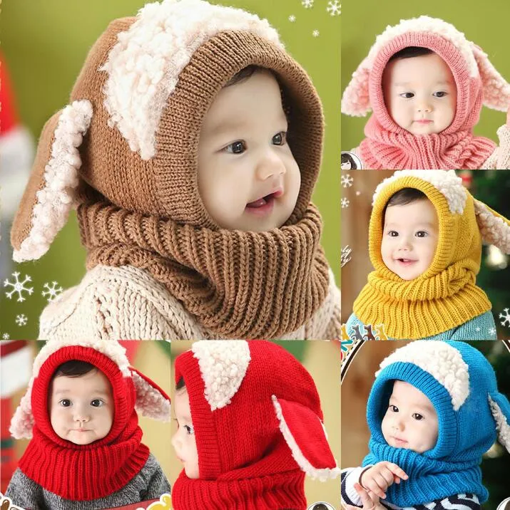 Niedliche Baby-Hasenohren-Strickmütze, Säuglings- und Kleinkind-Winter-warme Mütze, Mütze mit Kapuzenschal, Ohrenklappe, Baby-Kind-Mütze