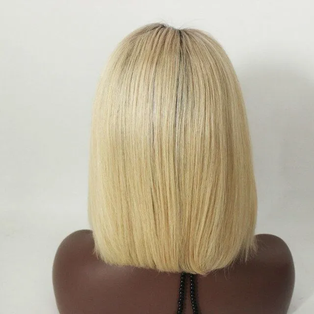 Kort Ombre Glueless Full Lace Human Hair Wigs Två Ton Peruanska Blonda Dark Root Human Hair Ombre Lace Front Wig
