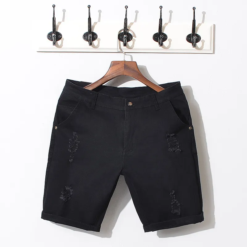 Partihandel- varumärke sommar svarta vita män jeans shorts bomull rippade denim korta byxor kvalitet solid Slim modestil Bermuda hane