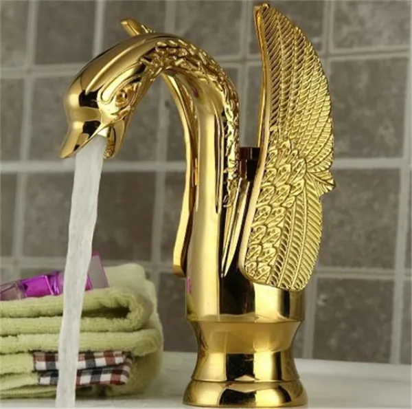 Wholesale- Bathroom Swan Faucet Gold Finish Single Tap waterfall Sink Faucets Handles Vintage Antique Brass