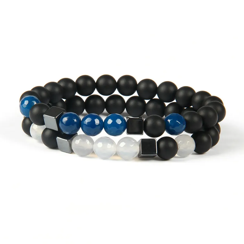 Mens Jewelry Wholesale 10pcs/lot 8mm Best Quality Matte Agate & Faceted Blue Stone Square Beaded Bracelets for men