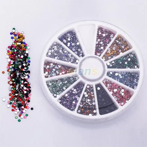 Großhandel - Rad 2,0 mm 12 Farben Nail Art Dekoration Glitzerspitzen Strasssteine Edelsteine Flache Edelsteine 0214 2XUA