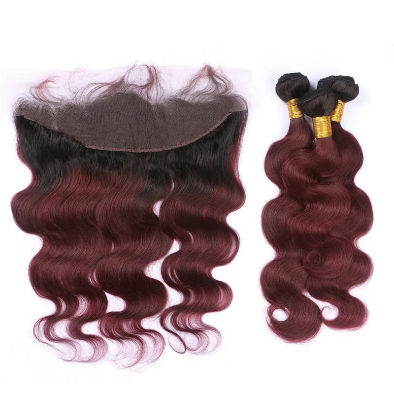 Trame di capelli umani vergini brasiliani Ombre vino rosso con onda del corpo frontale 1B / 99J Chiusura frontale in pizzo Ombre Borgogna 13x4 con pacchi