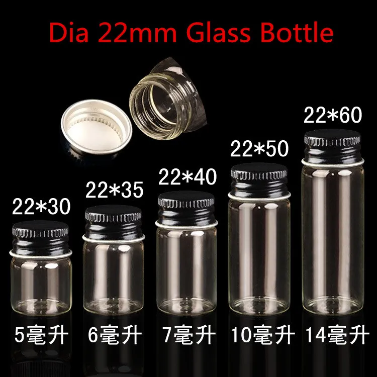 Dia 22mm serie Clear Glass Bottle Black Aluminium Skruvlockbehållare Borosilikatflaska Tom -80pcs