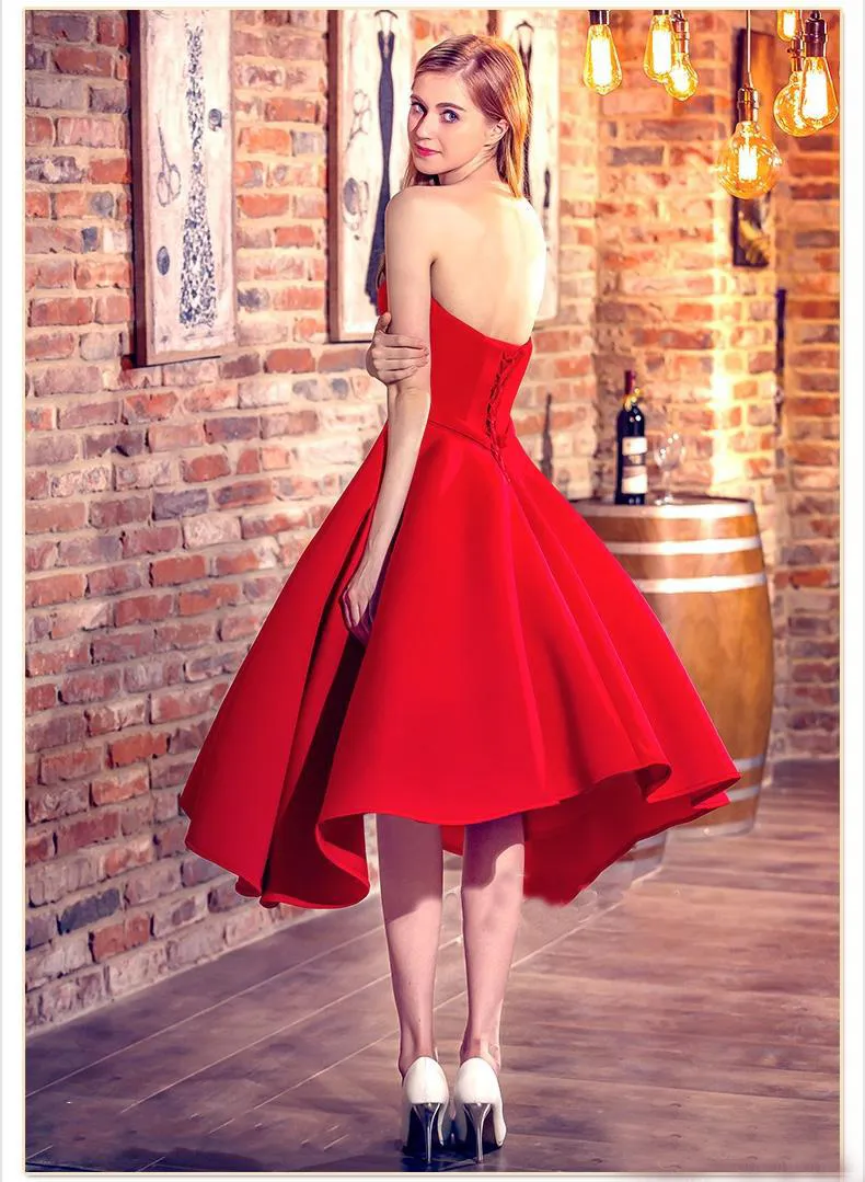 Latest 2017 Red Satin Sweetheart Short Prom Dresses A-line Cheap Lace Up Back Tea Length Party Evening Gowns Custom Made China EN12164