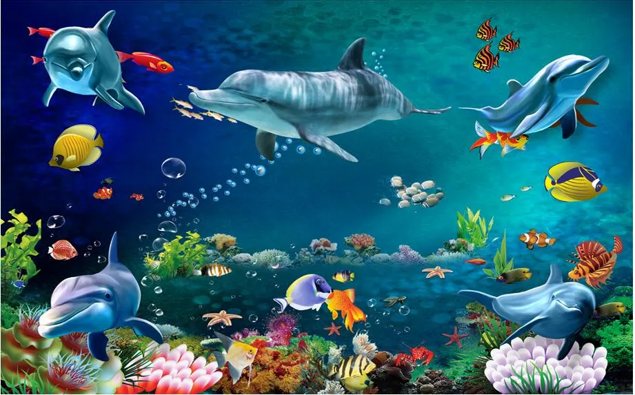 Papel de parede 3d personalizado po mural mar mundo golfinho peixe cenário decoração do quarto pintura 3d murais de parede papel de parede para paredes 3 d5036866