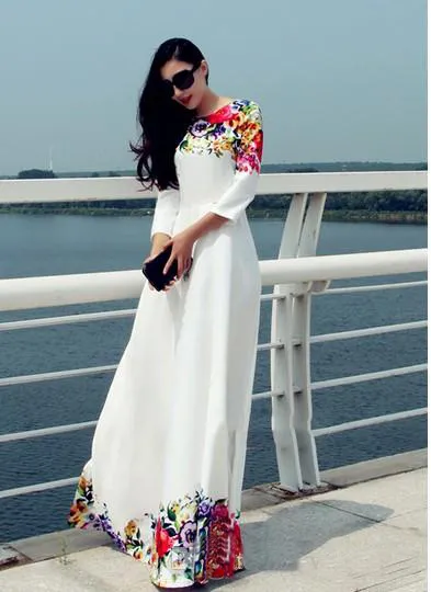 2017 Mujeres Largas Vestidos De Fiesta Blanco Estampado Floral