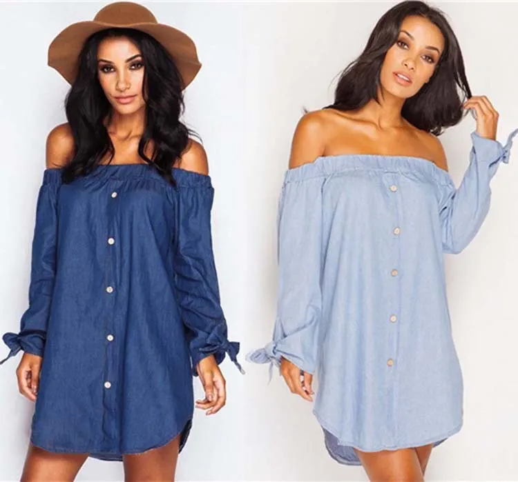 Women s Off Shoulder Denim Mini Dress Ruffle Jeans Dress with Bowknot Buttons