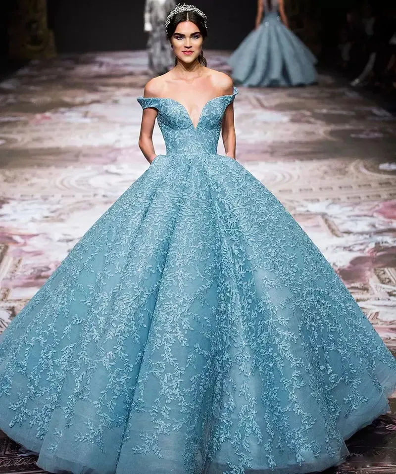 Magnifique Applique Zuhair-Murad Robe De Soirée Charmante Bleu Clair Hors Épaule Organza Robe De Tapis Rouge Superbe Occasion Spéciale Formelle Dres