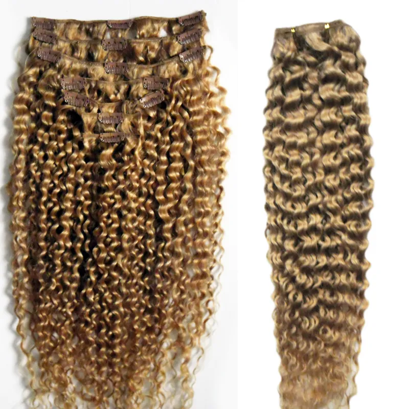 Capelli vergini brasiliani biondo miele Afroamericano Riccio crespo Clip nelle estensioni dei capelli 100g 7 pezzi Clip nelle estensioni dei capelli umani