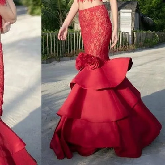 All Red Lace Mermaid Two Pieces Prom Dresses 2023 With Short Sleeves Layered Satin Long Formal Evening Party Gowns Vestido De Festa