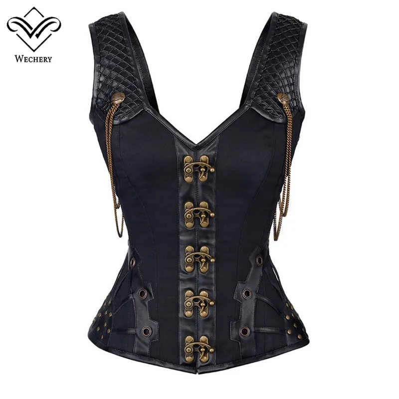 Steampunk Corset Corset en cuir gothique SexySteampunk Corset Corselet Corsets Sangle 12 Acier Os LaitonSteampunk Co Chaîne Camisole de force Corsage