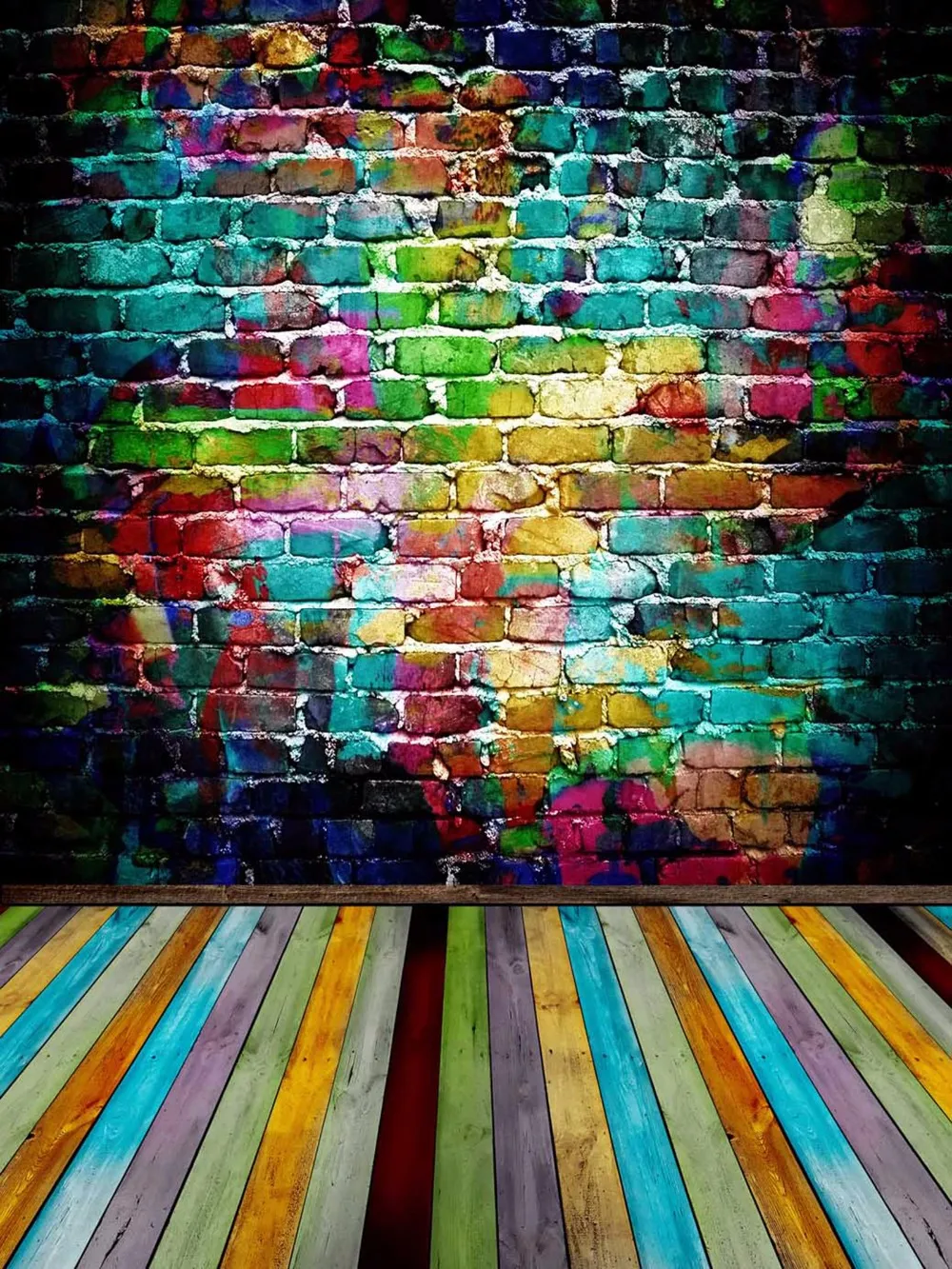 Digital Painted Colorful Brick Wall Photography Backdrop Wooden Planks Floor Kids Children Photo Background Baby Newborn Booth Wallpaper