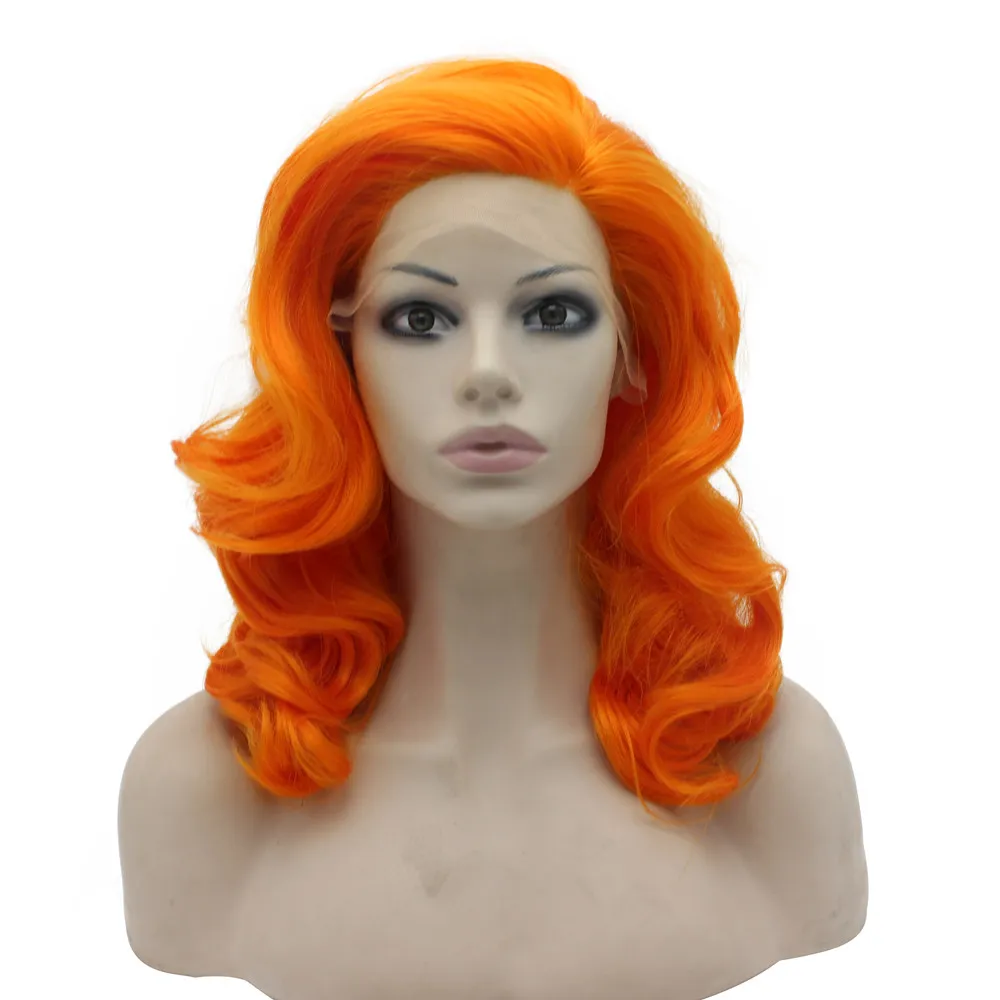 16inch axel längd vågig värmevänlig fiber orange stilig spets fram peruk