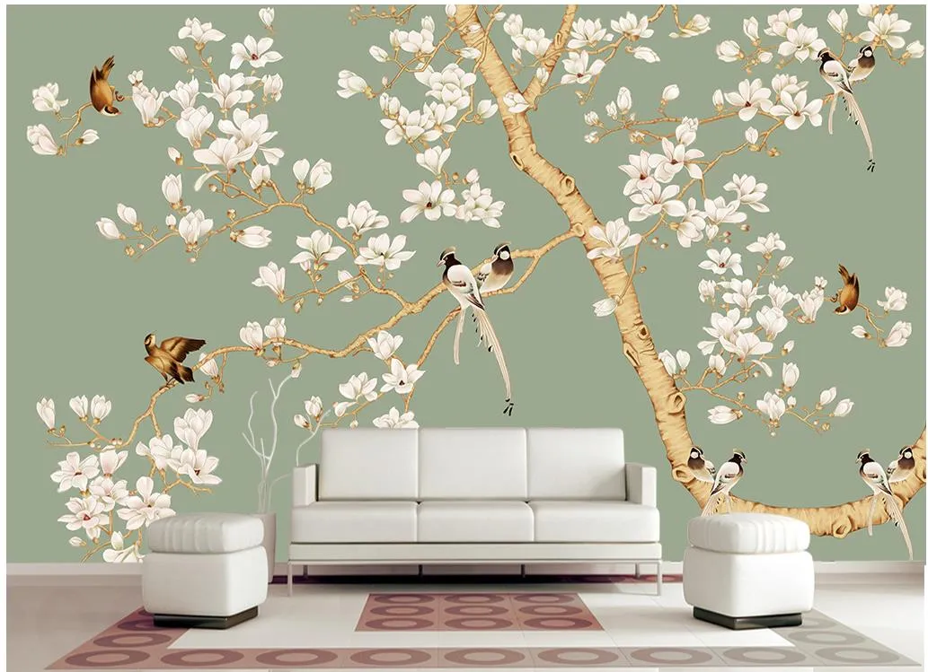 Высокое качество Costom ручная роспись цветы и птицы рисунок Магнолия цветок окрашены ТВ фон стены