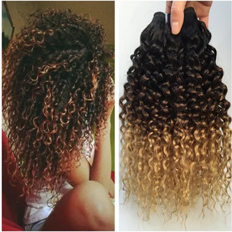 Tre ton 1b / 4/27 kinky Curly Ombre Mänskliga hårförlängningar 3st mörkrot brun till honung blondin ombre mänskligt hår vävbuntar