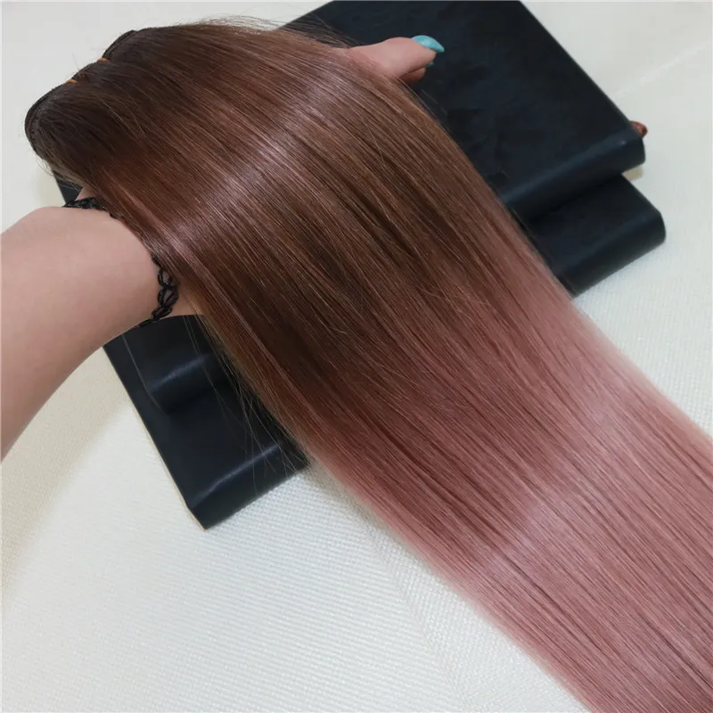 100 estensioni dei capelli umani russi vergini omber non trasformati in oro rosa con riflessi capelli remy tessitura dritta cucire in doppia trama Hai9836822